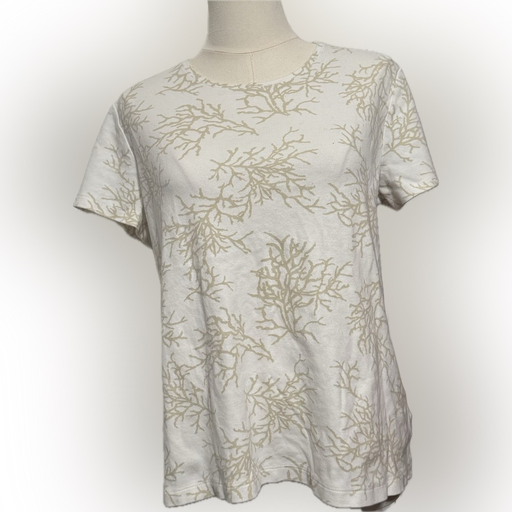 Coldwater Creek White Short Sleeve Top with Beige Coral Print